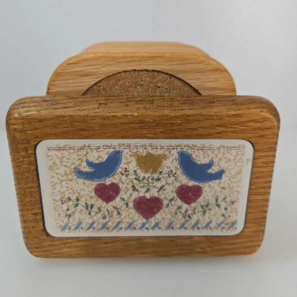 VTG Wood Coaster Set with Holder 6 Cork Coasters Blue Birds & Hearts Cottagecore
